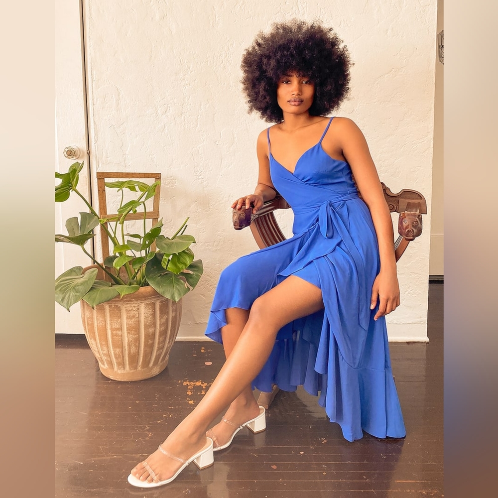 Lulu’s Manhattan Moment Blue Ruffled Midi Wrap Dress large